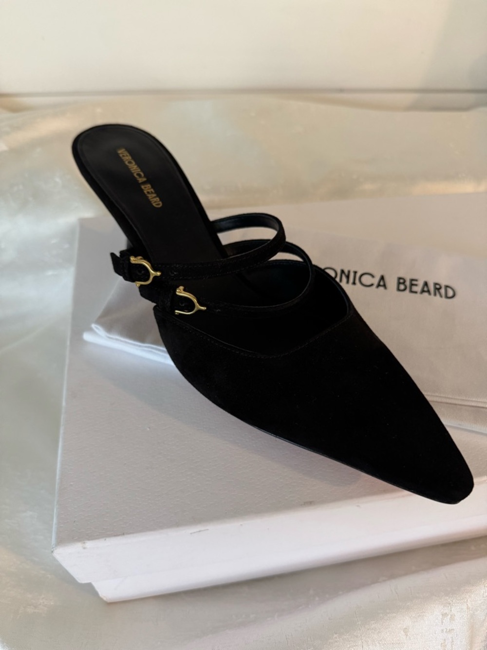 Veronica Beard Corrie Black Suede Strappy Mule Kitten Heels - Picture 13 of 15